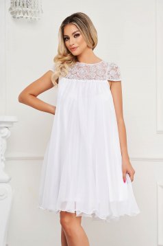 White dress from veil fabric occasional with lace details with crystal embellished details loose fit