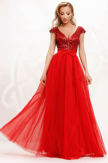 Red dress from tulle cloche occasional slit with sequin embellished details