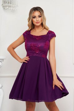 Purple dress cloche with lace details from satin fabric texture occasional short cut