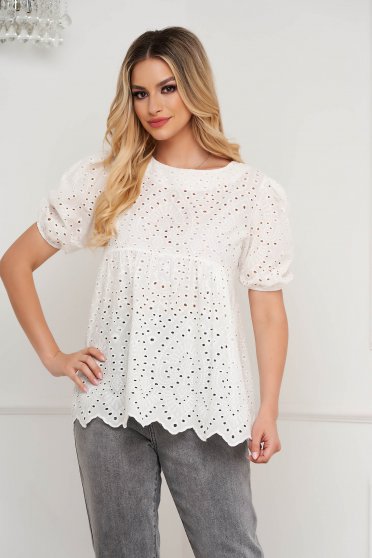 Short sleeves blouses, White women`s blouse guipure loose fit with rounded cleavage - StarShinerS.com