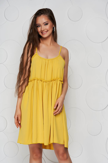 Loose dresses, Mustard dress thin fabric loose fit with rounded cleavage - StarShinerS.com