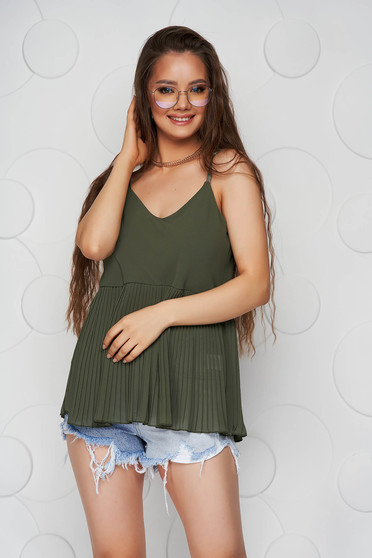 Khaki top shirt loose fit pleated from veil fabric with straps