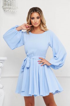 Light Blue Georgette Short Skater Dress with Waist Elastic and Puff Sleeves - StarShinerS