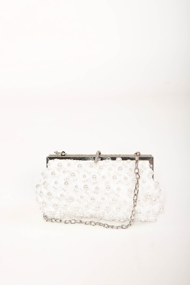 White bag occasional detachable chain with pearls with crystal embellished details