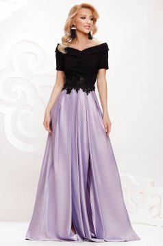 Lila dress from satin cloche occasional slit on the shoulders with embellished accessories