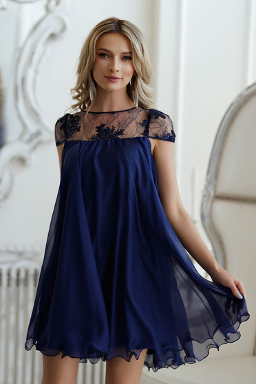 Blue dresses, Darkblue dress from veil fabric occasional with lace details with crystal embellished details loose fit - StarShinerS.com