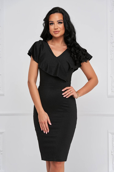 - StarShinerS black dress midi pencil from elastic fabric frilly trim around cleavage line accessorized with breastpin