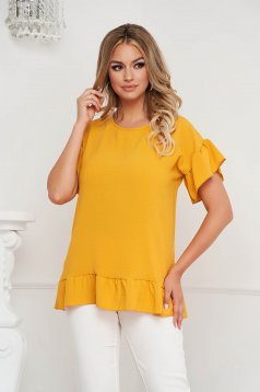 Mustard women`s blouse loose fit airy fabric with ruffle details