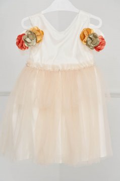 Rochie pentru fetite ivoire de ocazie din tul cu aplicatii cu margele iin talie si flori in relief la maneci
