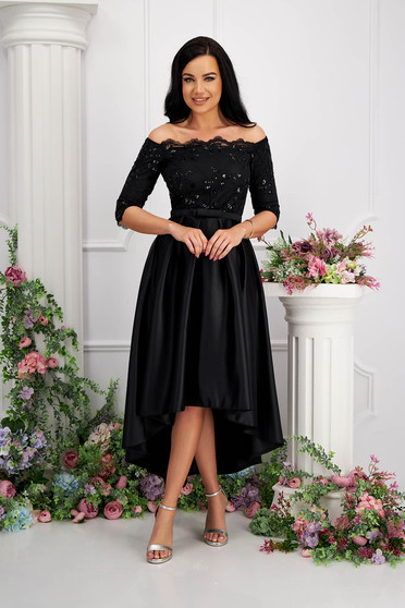 Asymmetric black lace and elastic taffeta dress in a cloche style with sequin applications - StarShinerS