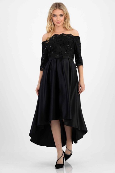 Online Dresses, Asymmetric black lace and elastic taffeta dress in a cloche style with sequin applications - StarShinerS - StarShinerS.com