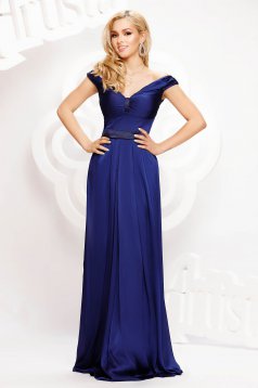 Dark blue dress long cloche from satin naked shoulders