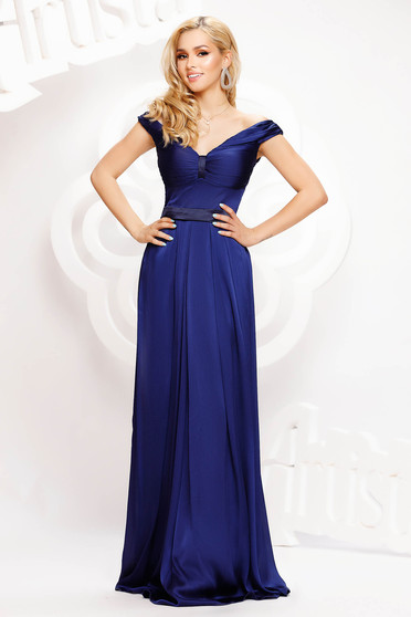 Blue dress long cloche from satin naked shoulders