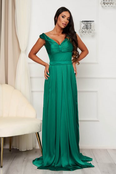 Estélyi ruhák , Zöld alkalmi hosszú harang ruha szaténból - StarShiner.hu