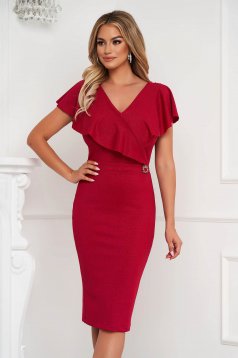 - StarShinerS raspberry dress midi pencil from elastic fabric frilly trim around cleavage line