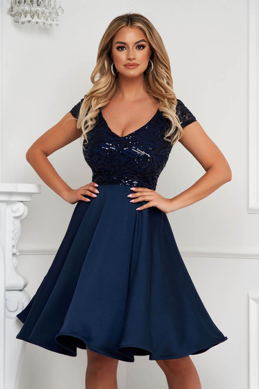 Online Dresses, - StarShinerS darkblue dress cloche midi from veil fabric lace and sequins details - StarShinerS.com