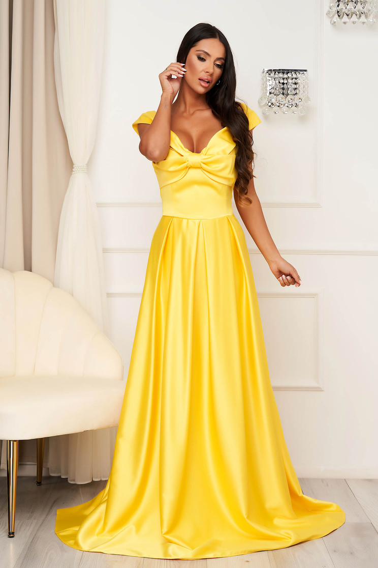 Online Dresses, Yellow dress long cloche from satin naked shoulders with bow - StarShinerS.com