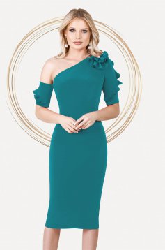 Turquoise dress occasional midi pencil one shoulder with ruffled sleeves