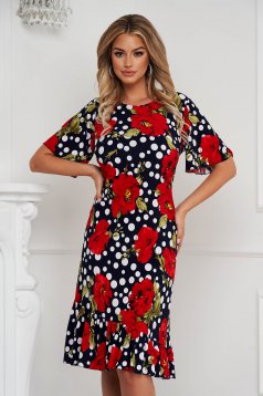 Dress midi straight from elastic fabric with ruffle details with floral print