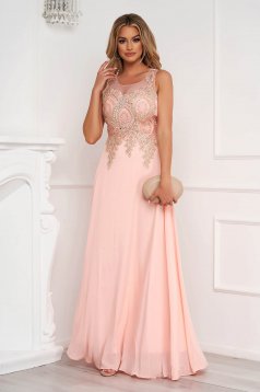 Peach dress long occasional cloche from tulle front embroidery with crystal embellished details