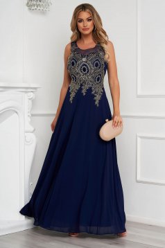 Darkblue dress long occasional cloche from tulle front embroidery with crystal embellished details