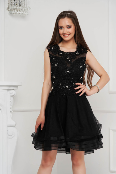 Black dress short cut cloche from tulle with sequin embellished details