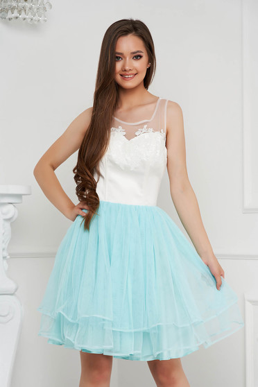 Aqua dress short cut occasional from tulle with embroidery details