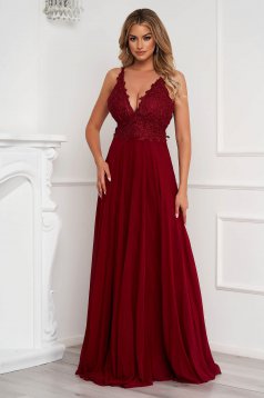Burgundy dress long occasional from veil fabric bare back with push-up cups