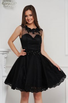 Black dress short cut cloche from tulle with pearls with embellished accessories