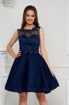 Darkblue dress short cut cloche from tulle with pearls with embellished accessories