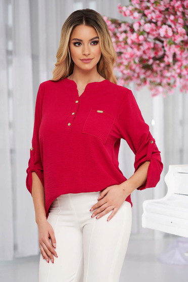 Office Blouses, Fuchsia women`s blouse loose fit wrinkled material a front pocket - StarShinerS.com