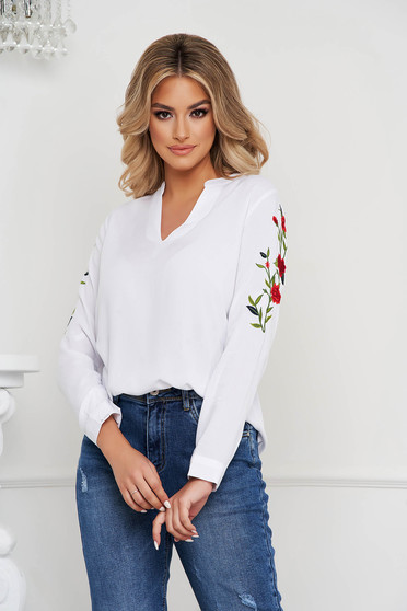 White women`s blouse cotton loose fit long sleeved
