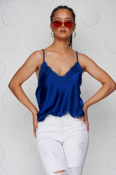 Blue top shirt loose fit from satin with straps with lace details