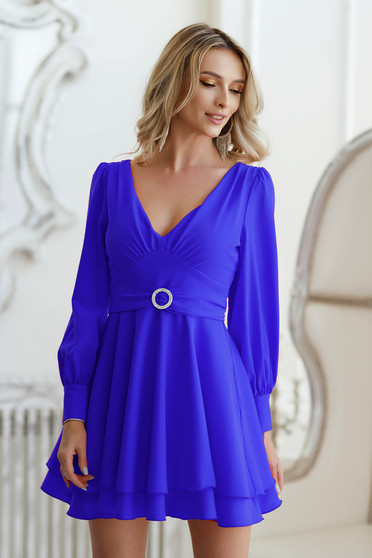 Short Blue Chiffon Dress in A-line with Puffy Sleeves - Artista