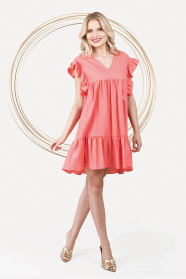 Loose dresses, Loose fit with pockets with ruffle details linen short cut coral dress - StarShinerS.com