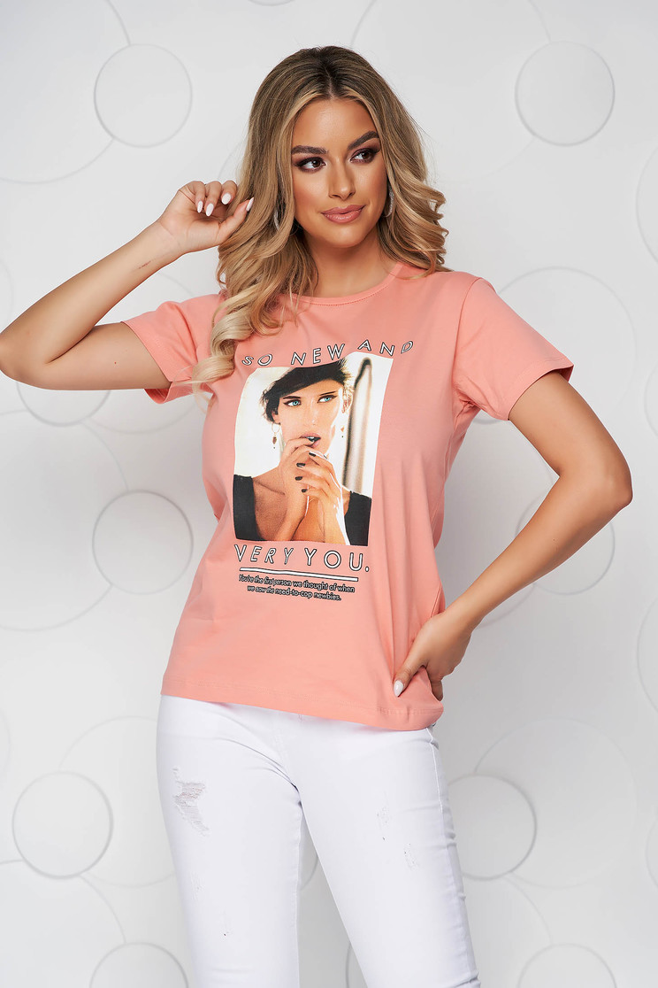 T-Shirts, Pink t-shirt cotton loose fit with rounded cleavage - StarShinerS.com