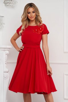 StarShinerS red dress occasional cloche with elastic waist with embroidery details midi