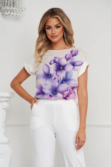 Bluza dama StarShinerS cu croi larg asimetrica din voal cu imprimeuri florale unice