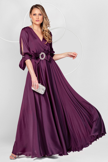 Purple dress long occasional from veil fabric cloche with elastic waist with cut-out sleeves
