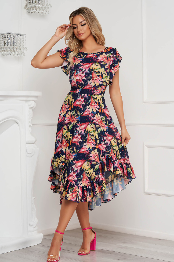 Floral print dresses, StarShinerS dress midi cloche with ruffle details from soft fabric asymmetrical - StarShinerS.com
