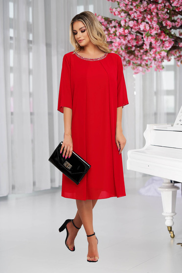 Online Dresses, From veil fabric midi loose fit with crystal embellished details red dress - StarShinerS.com