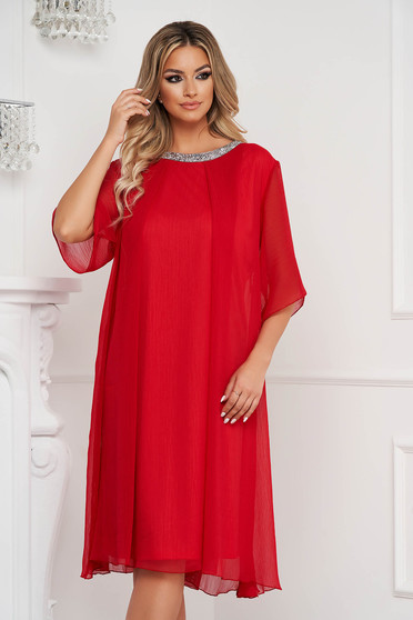 Online Dresses, Red dress loose fit midi with embellished accessories from veil fabric - StarShinerS.com