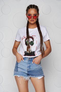 White t-shirt cotton loose fit with graphic details with pearls