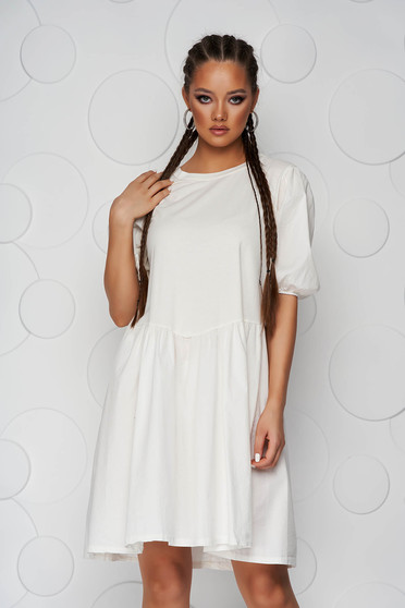 Ivory dress short cut cotton loose fit with puffed sleeves