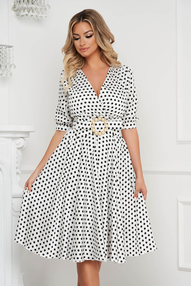 Dress elegant midi cloche from veil fabric dots print with 3/4 sleeves