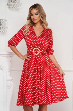 Dress elegant midi cloche from veil fabric dots print with 3/4 sleeves