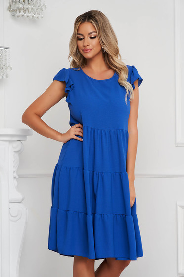 Blue dress loose fit midi thin fabric with ruffled sleeves with ruffles at the buttom of the dress