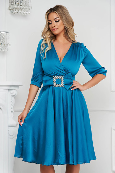Bridesmaid Dresses, Turquoise dress elegant midi cloche from satin buckle accessory - StarShinerS.com