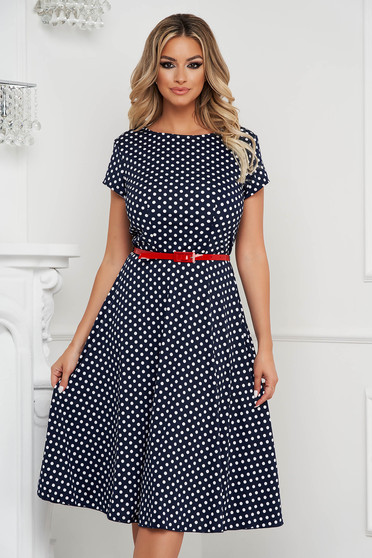 Dress midi office dots print from elastic fabric cloche with elastic waist