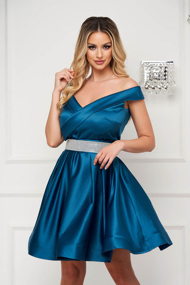 Blue dresses, Green dress from satin cloche occasional on the shoulders short cut - StarShinerS.com
